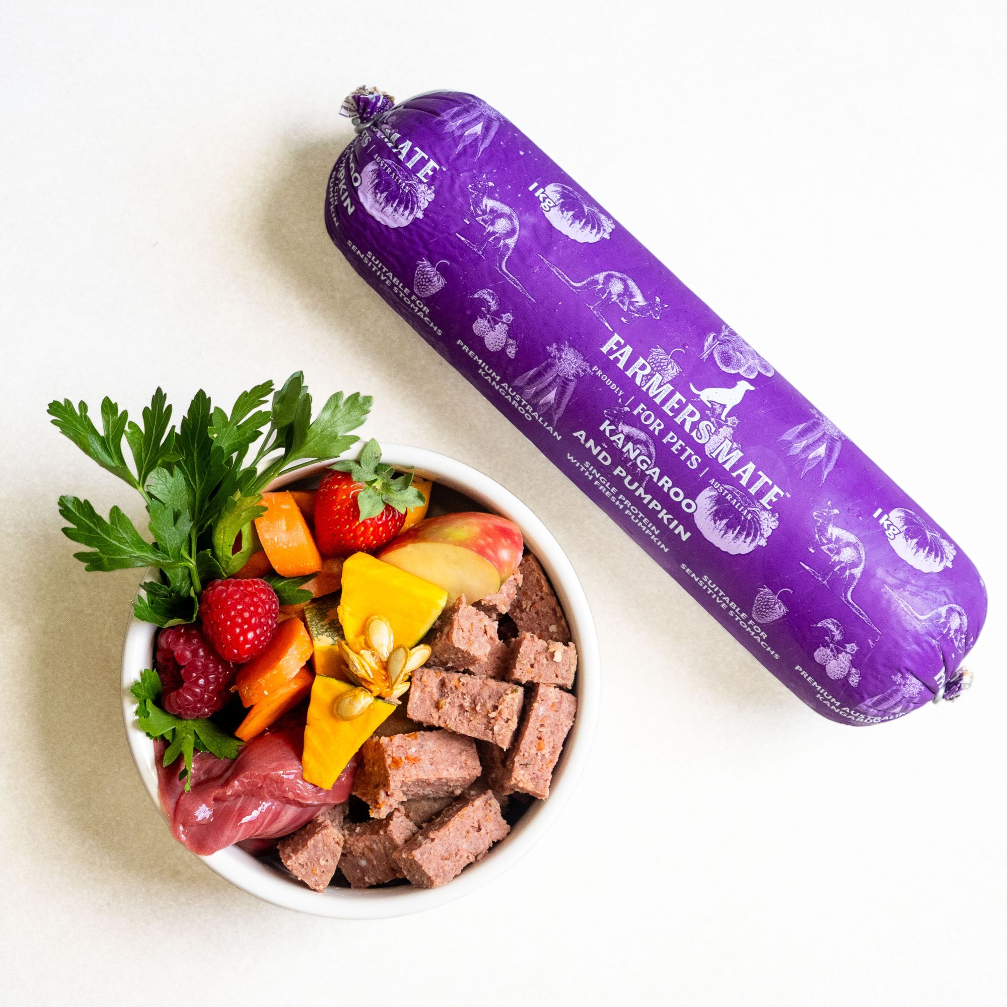 Farmers Mate for Pets Kangaroo Roll ingredients bowl