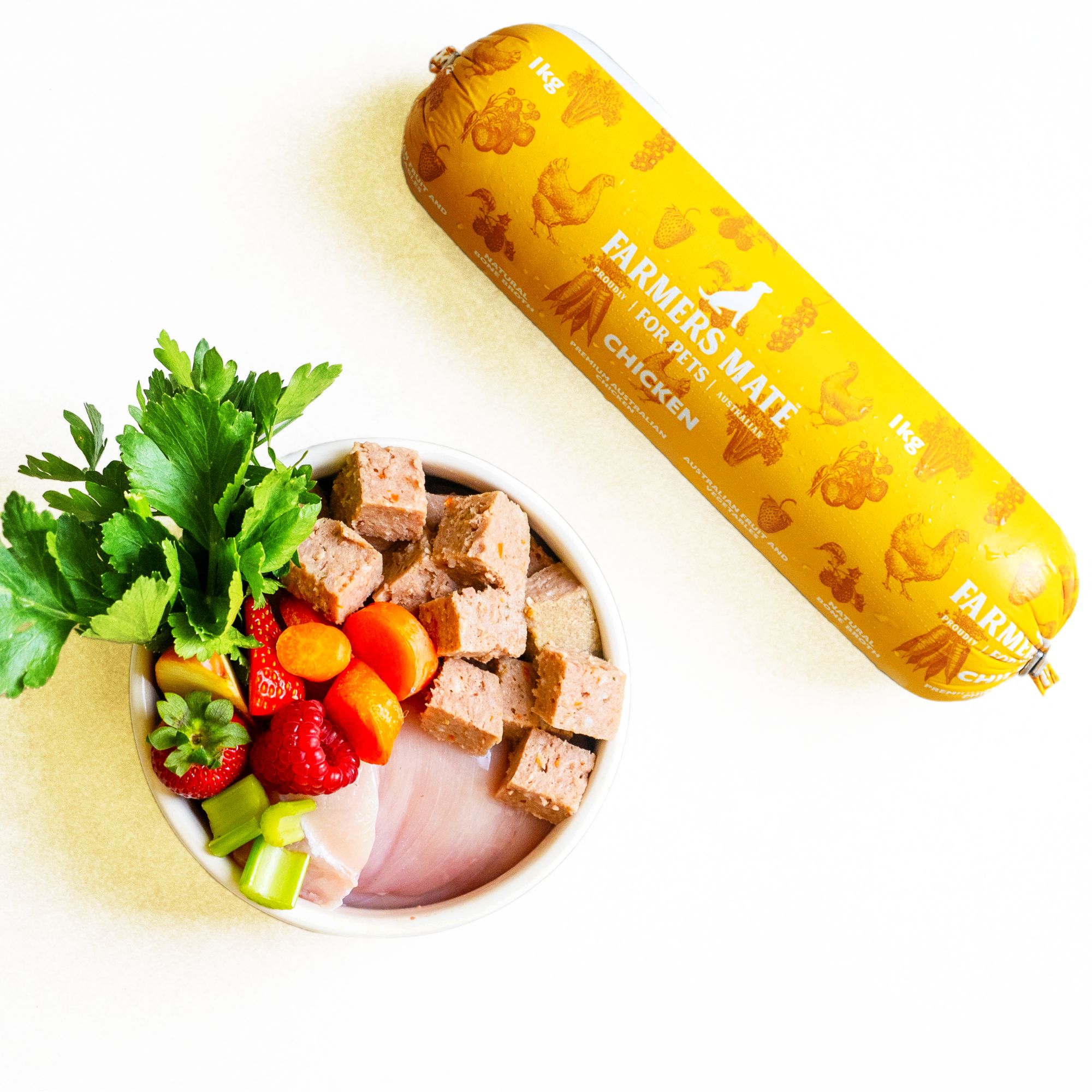 Farmers Mate for Pets Chicken Roll ingredients bowl