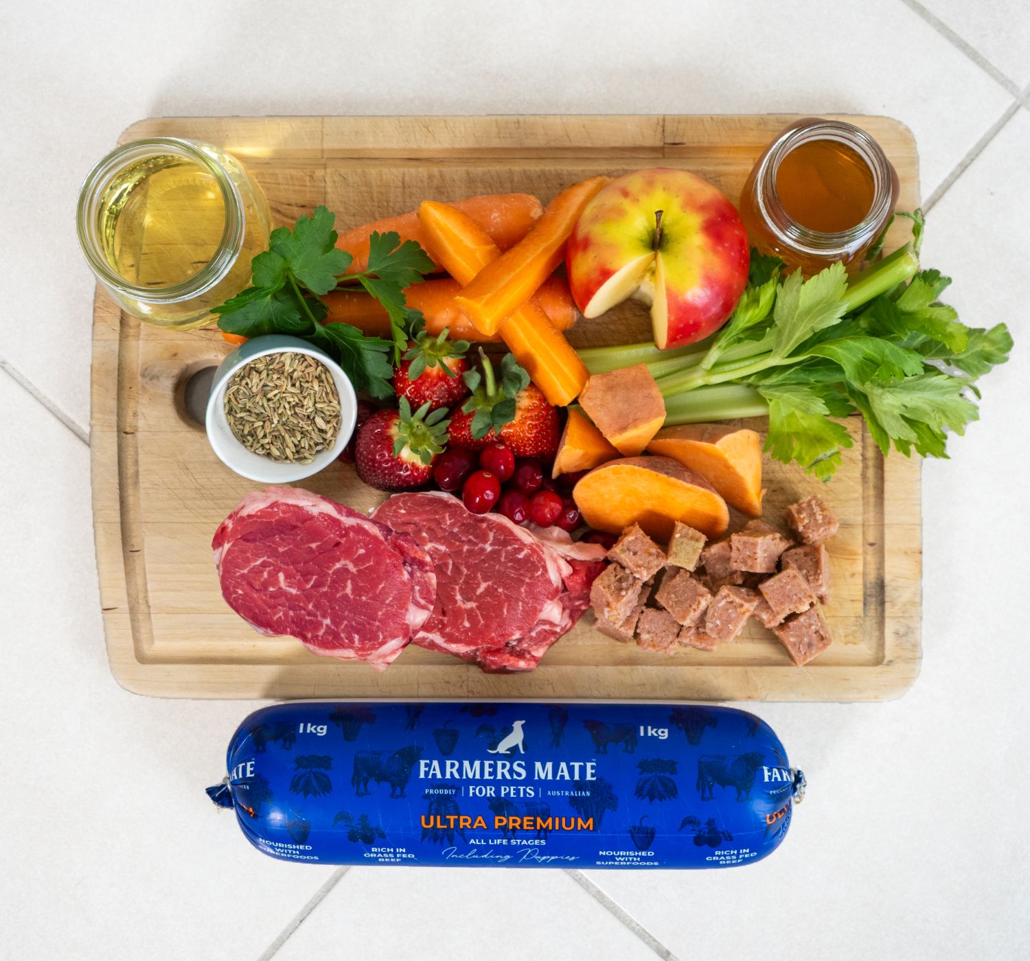 Farmers Mate for Pets Ultra Premium Roll ingredients board