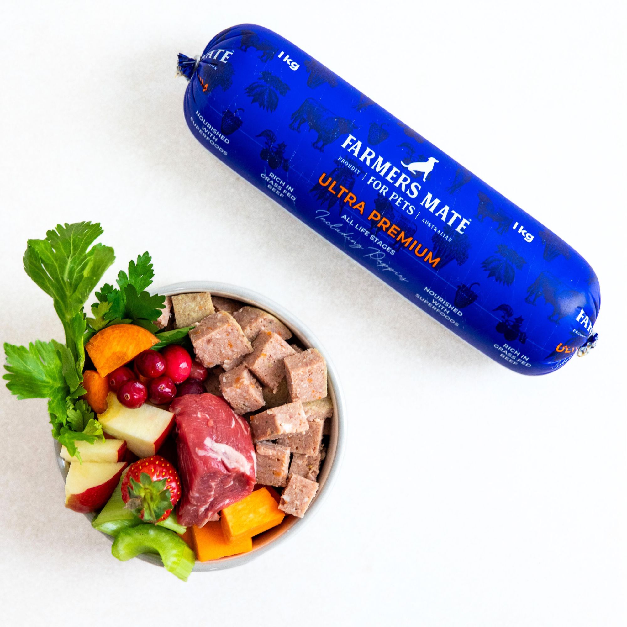 Farmers Mate for Pets Ultra Premium Roll ingredients bowl